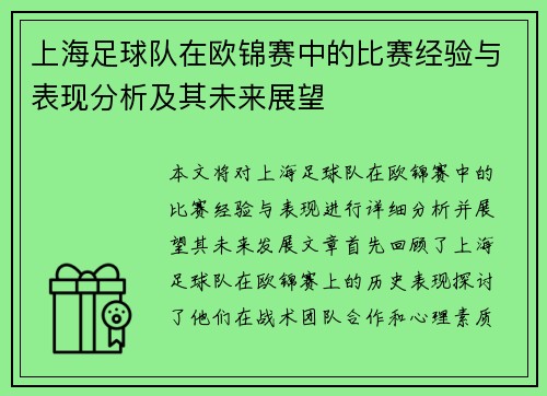 上海足球队在欧锦赛中的比赛经验与表现分析及其未来展望
